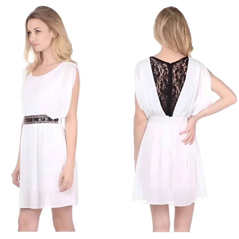 JUST DROPPED #18 White Angel Sleeve Lace Back Jeweled Waist Chiffon Dress S M